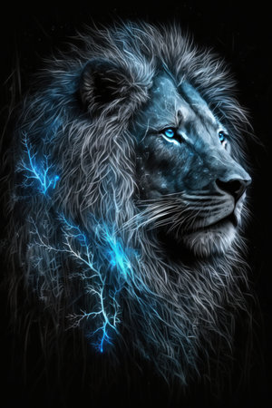 Magic frost lion with blue eyes on black background. Illustration, Generative AIの素材