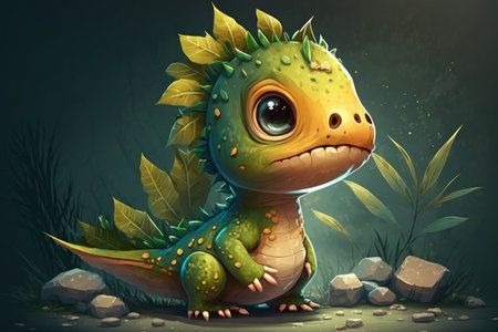 Cute adorable baby dinosaur, fantasy style of children. Illustration, Generative AIの素材