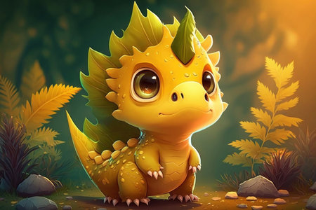 Cute adorable baby dinosaur, fantasy style of children. Illustration, Generative AIの素材
