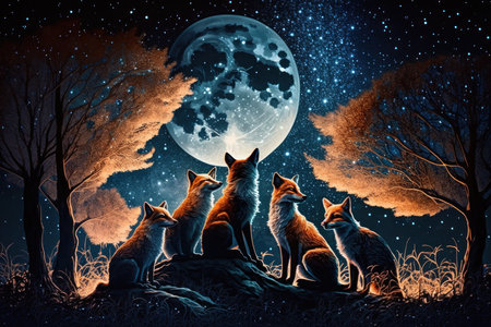 Foxes sitting in a forest under a full moon. Illustration, Generative AIの素材