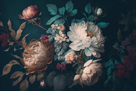 Fantasy vintage wallpaper, botanical flower background. Illustration, Generative AIの素材