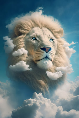 Lion's head in the white clouds. Illustration, Generative AIの素材