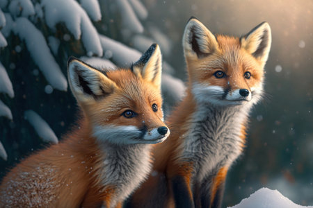 Two red fox cubes in winter time, digital illustration painting, Generative AIの素材