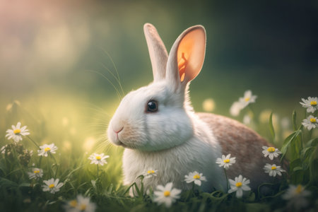 Baby rabbit in spring green grass with flowers. Illustration, Generative AIの素材