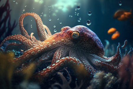 Beautiful Octopus squirming through a reef in the ocean, digital illustration painting, Generative AIの素材