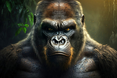 Close portrait adult gorilla, digital illustration painting, Generative AIの素材