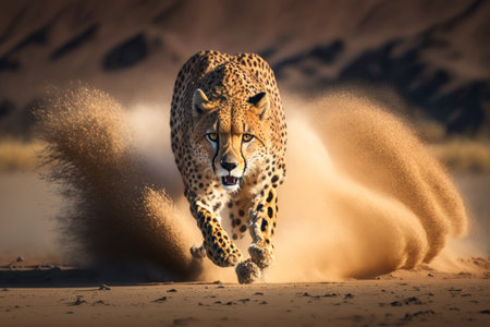 Cheetah running on camera on african savannah. Illustration, Generative AIの素材