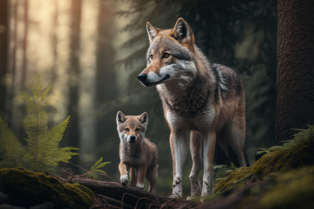 Wolf with cub in natural habitat. Illustration, Generative AIの素材