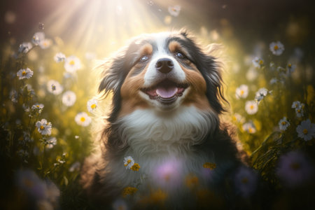 Baby dog in spring green grass with flowers. Illustration, Generative AIの素材