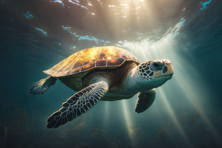 Close wild turtle floating over beautiful natural ocean background, with sunlight through water surface, digital illustration painting, Generative AIの素材
