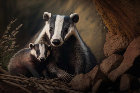 Badger with cub in natural habitat. Illustration, Generative AIの素材