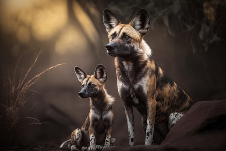 African dog with cub in natural habitat. Illustration, Generative AIの素材