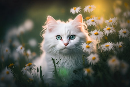 Baby cat in spring green grass with flowers. Illustration, Generative AIの素材