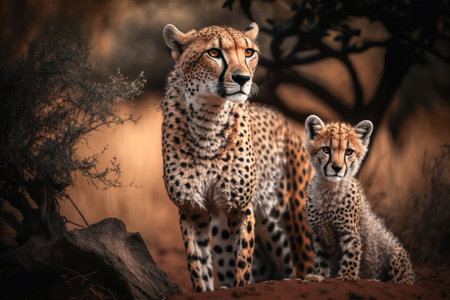Cheetah with cub in natural habitat. Illustration, Generative AIの素材