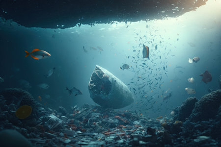 Garbage in the ocean. Save the ocean concept, digital illustration painting, Generative AIの素材