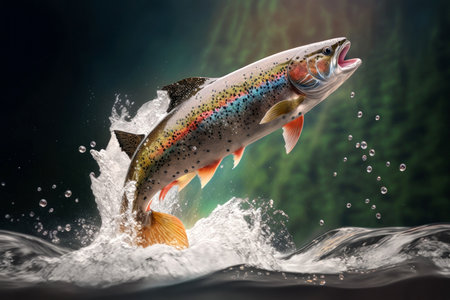Fish jumping out of water in pond with splashes against blurred nature, digital illustration painting, Generative AIの素材