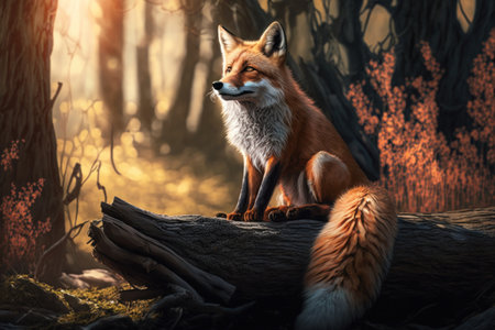 Close up wild red fox in nature habitat. Illustration, Generative AIの素材