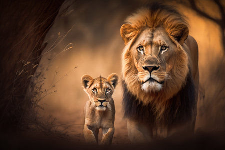 Lion with cub in natural habitat. Illustration, Generative AIの素材
