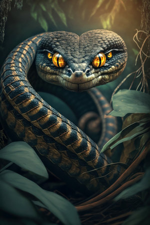 Close big Snake in the jungle, digital illustration painting, Generative AIの素材