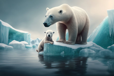 Mother and baby Polar bear in Antarctica, digital illustration painting, Generative AIの素材
