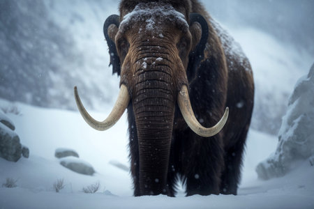 Prehistoric mammoth in ice age, digital illustration painting, Generative AIの素材