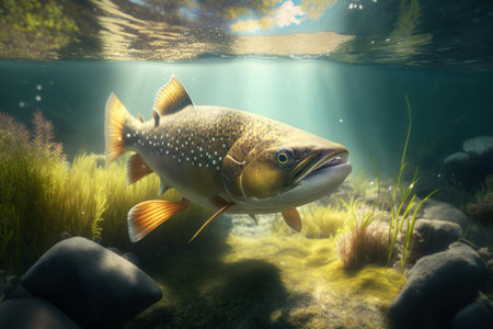 Big predatory fish in habitat underwater looking for prey. Fishing concept, digital illustration painting, Generative AIの素材