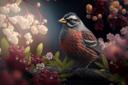 Bird on branch tree with bloom in spring time, AI Generativeの素材