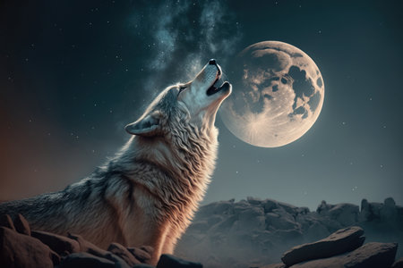 Wolf standing on hill and howling at the full moon, digital illustration painting, Generative AIの素材