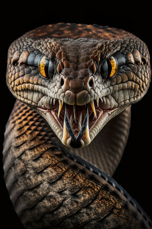 Angry Snake portrait with big teeth on dark background, AI Generativeの素材