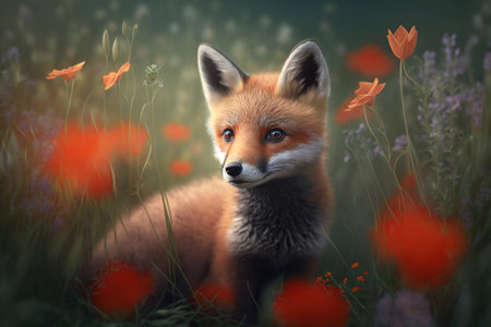 Red fox cubs in meadows with flowers, digital illustration painting, Generative AIの素材
