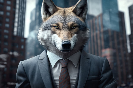 Portrait of a wolf in a business suit on the street between houses in a metropolis. Business concept, digital illustration painting, Generative AIの素材