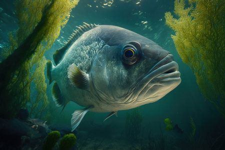 Big predatory fish in habitat underwater looking for prey. Fishing concept, digital illustration painting, Generative AIの素材