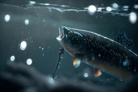 Big predatory fish in habitat underwater looking for prey. Fishing concept, digital illustration painting, Generative AIの素材