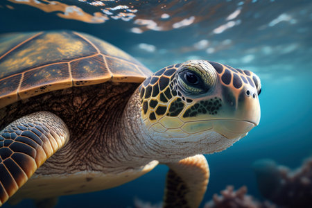 Close wild turtle floating over beautiful natural ocean background, with sunlight through water surface, digital illustration painting, Generative AIの素材