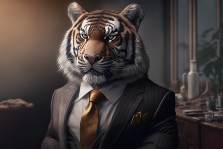 Portrait of a Tiger in a business suit at the office, digital illustration painting, Generative AIの素材