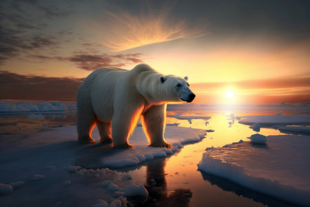 Polar bear in Antarctica on sunset background, digital illustration painting, Generative AIの素材
