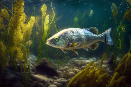 Big predatory fish in habitat underwater looking for prey. Fishing concept, digital illustration painting, Generative AIの素材