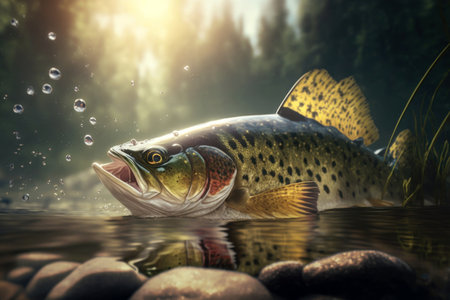 Fish jumping out of water in pond with splashes against blurred nature, digital illustration painting, Generative AIの素材