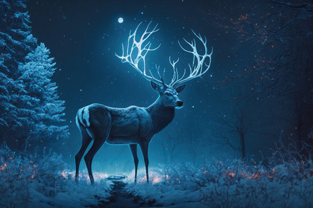 Snow-covered forest and magical deer in nature. Illumination winter landscape, digital illustration painting, Generative AIの素材