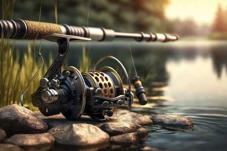 Close fishing reel on the nature background, digital illustration painting, Generative AIの素材