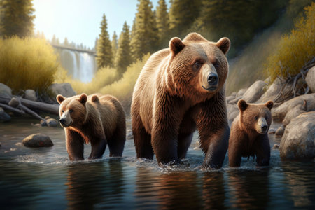 Brown mother bear in mountain river with two cubes, digital illustration painting, Generative AIの素材