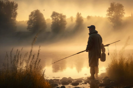 Fisher fishing on foggy sunrise, digital illustration painting, Generative AIの素材