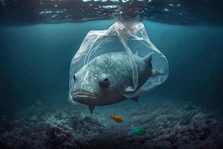 Fish with a plastic bag in the sea, digital illustration painting, Generative AIの素材