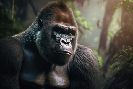 Close portrait adult gorilla, digital illustration painting, Generative AIの素材