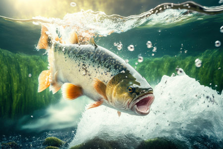 Fish jumping out of water in pond with splashes against blurred nature, digital illustration painting, Generative AIの素材