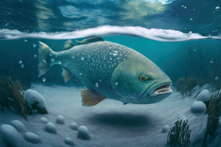 Big predatory fish in habitat underwater looking for prey. Fishing concept, digital illustration painting, Generative AIの素材
