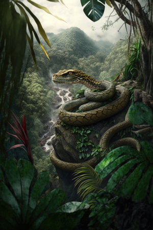 Close big Snake in the jungle, digital illustration painting, Generative AIの素材