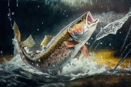 Fish jumping out of water in pond with splashes against blurred nature, digital illustration painting, Generative AIの素材