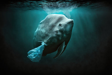 Fish with a plastic bag in the sea, digital illustration painting, Generative AIの素材