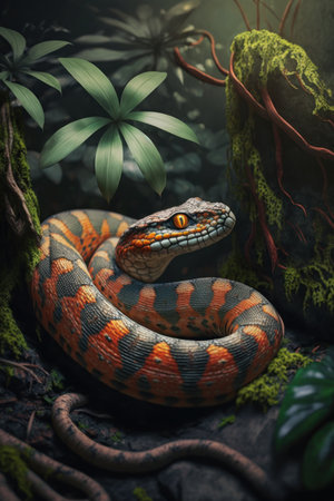 Close big Snake in the jungle, digital illustration painting, Generative AIの素材